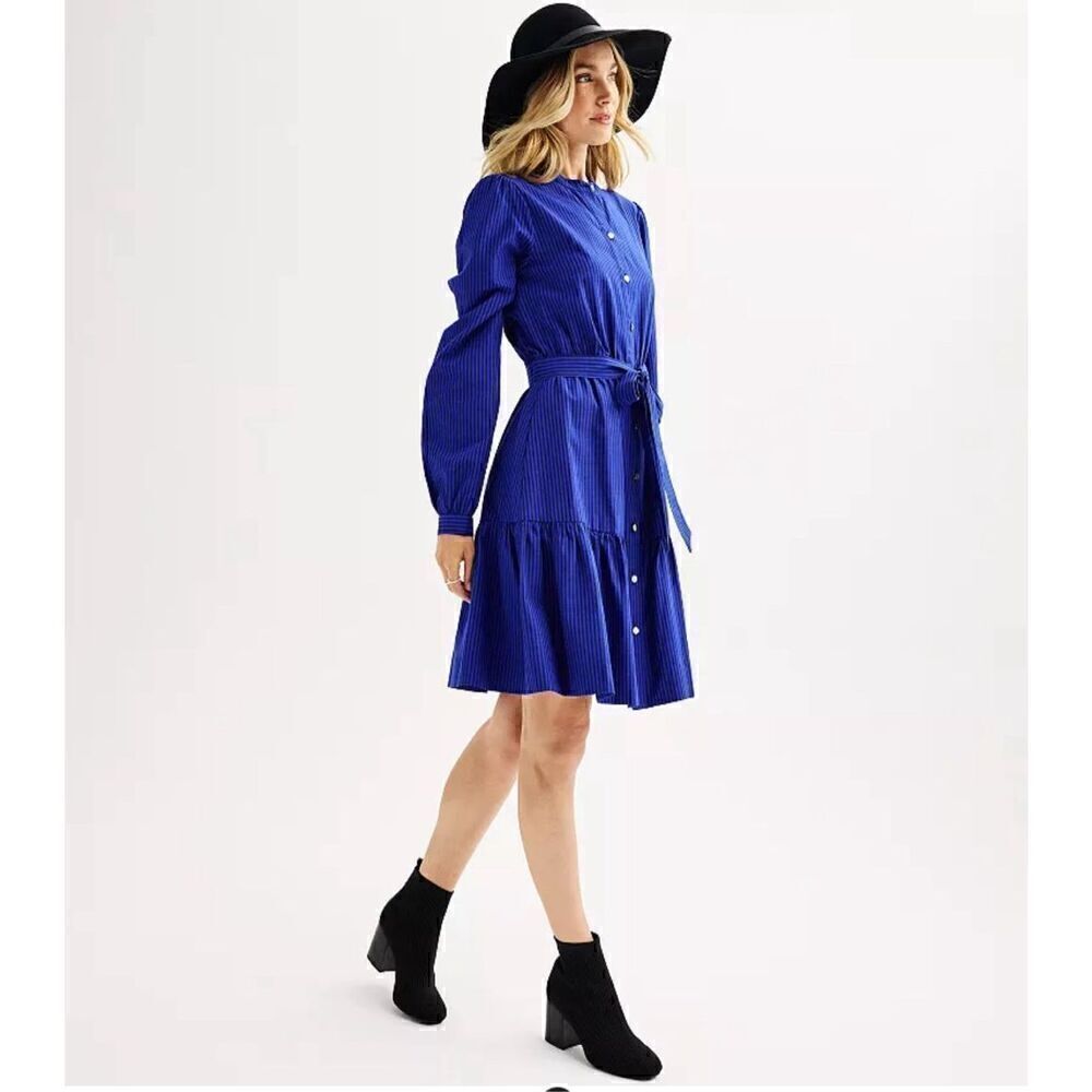 Draper James blue black pinstripes long sleeve button up medium dress lined